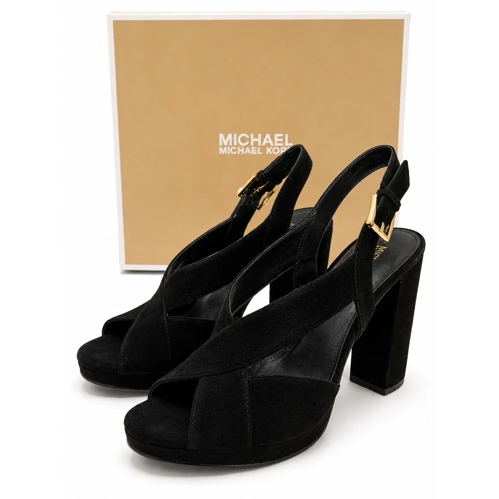 Michael Kors Becky Black Suede Platform Heel Slingback Sandals 8M NIB